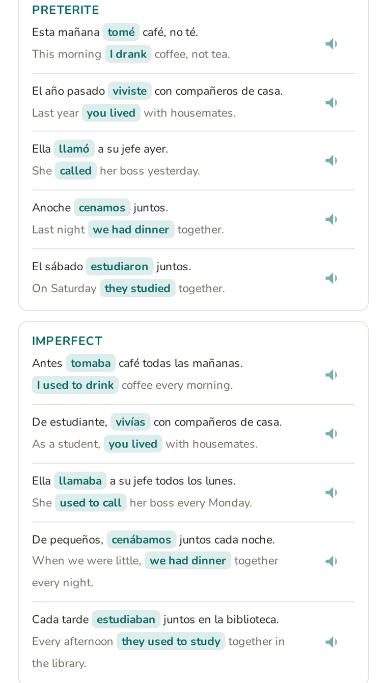 nemiria's Compare tenses view showing the Preterite block and the Imperfect block one after another, each with the same five example sentences and their English underneath.