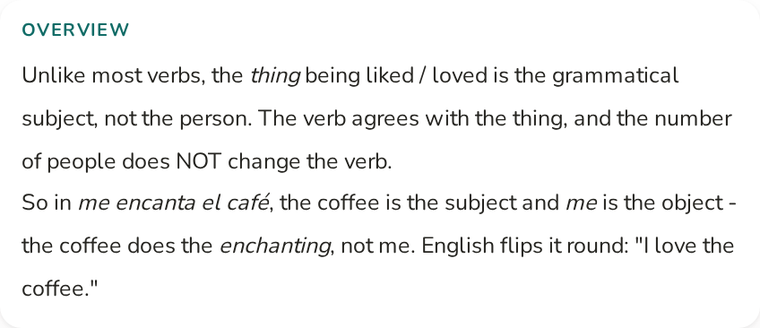 A nemiria explanation card reading: Unlike most verbs, the thing being liked or loved is the grammatical subject, not the person. So in me encanta el cafe, the coffee is the subject and me is the object, the coffee does the enchanting, not me. English flips it round.